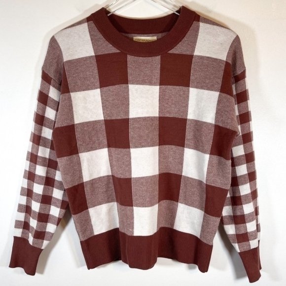 CYNTHIA ROWLEY Rust Cream CREW NECK Buffalo Plaid CHECK SWEATER Women's XS EUC - Picture 1 of 7